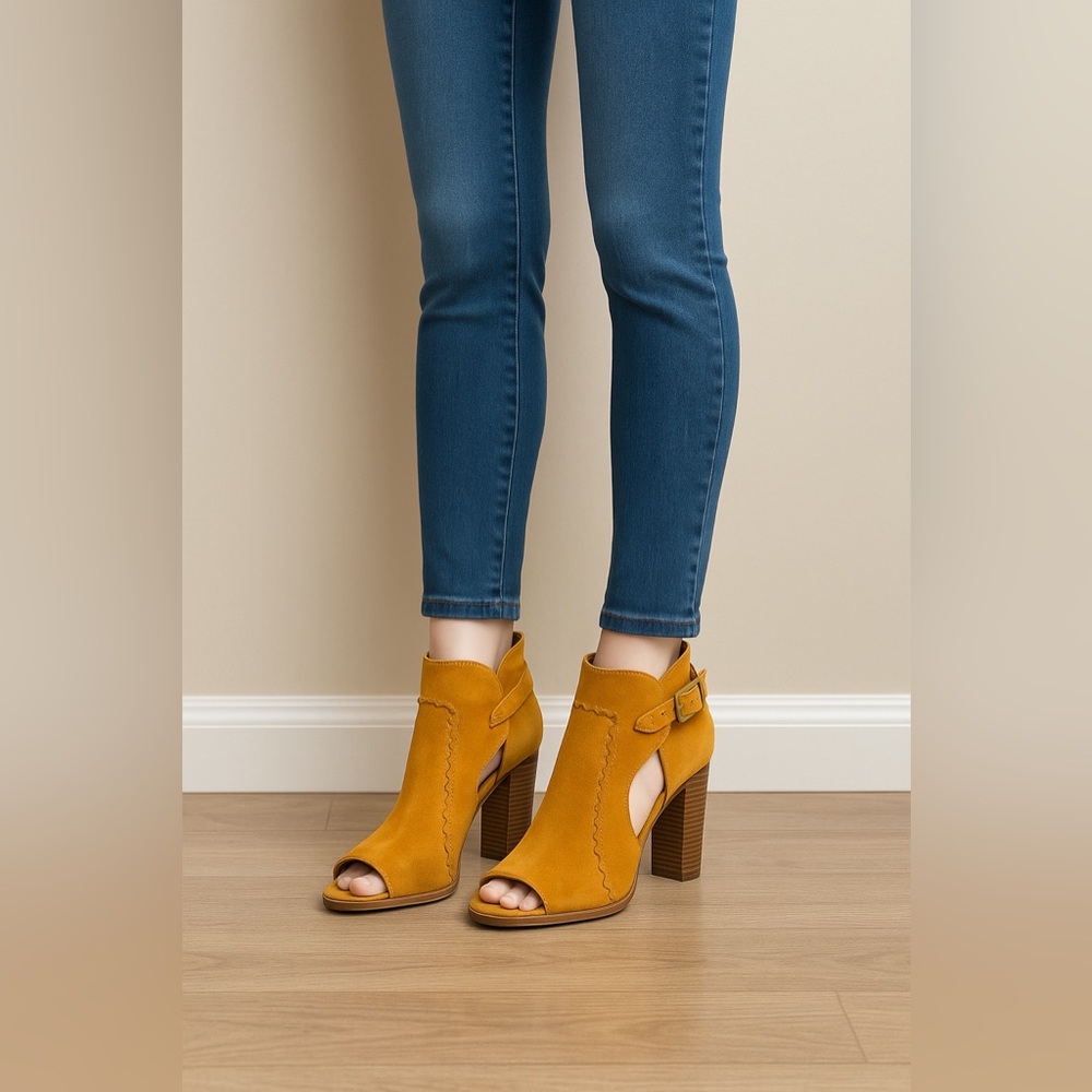 Vince Camuto Conley buckle tan suede peep toe booties